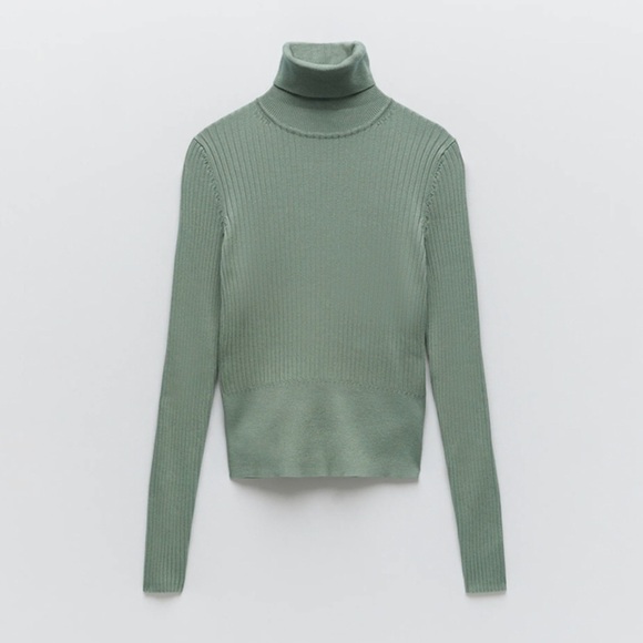 Zara Ribbed Knit Viscose Fitted Dark Green High Neck Long Sleeve Sweater Size M - Picture 2 of 11